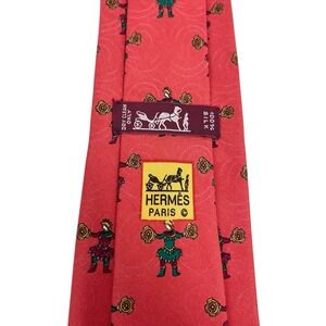 Hermes Men's Tie Ethnic Tribal Dancing Red Silk 7049 TA 3.25" (W) x 54" (L) euc